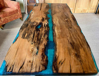 150 year old Bog Elm Resin River Dining Table from above