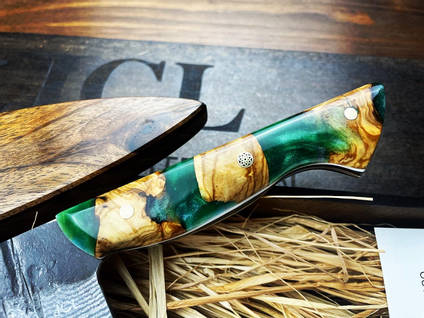 Green Resin and Wood Chefs Knife Handle Close Up by JCL