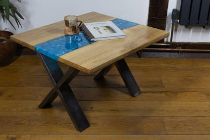 Ocean Oak and Blue Resin Table angled view by Black Oak Wood Co.