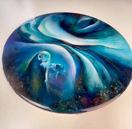 Blue Mixed Media Artwork with Resin Coating by Loonar Designs