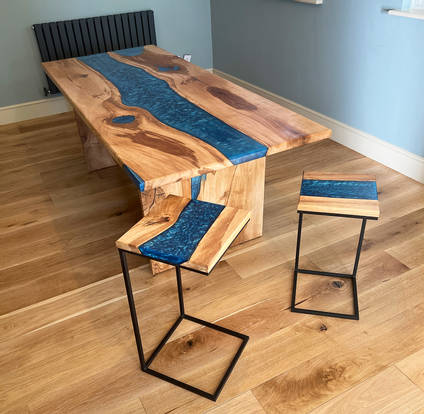 Blue Resin River Table and Side Tables by One Life Wood