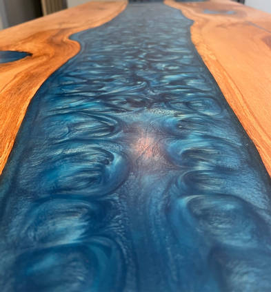 Blue Resin River Table Close Up by One Life Wood
