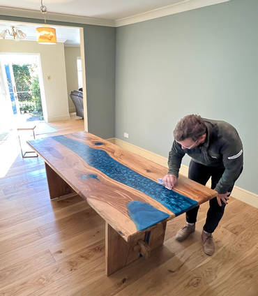 Blue Resin River Table Final Polish by One Life Wood