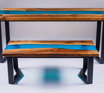 Blue River Table and Matching Bench by Masivo Mandaliev