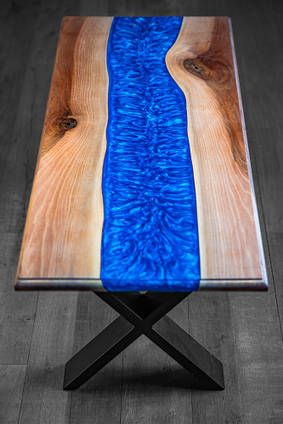 Metallic Blue Resin River Table by Fusion Wood Creations