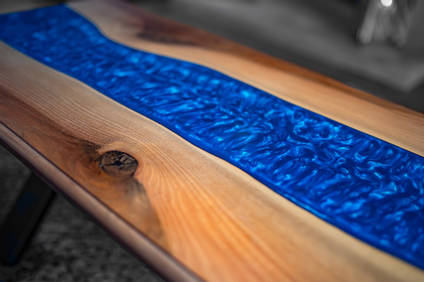 Metallic Blue Resin River Table Close up by Fusion Wood Creations