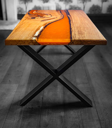 Metallic Orange Resin River Table by Fusion Wood Creations