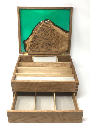 Green Resin and Oak Jewellery Box Open by LifeTimber