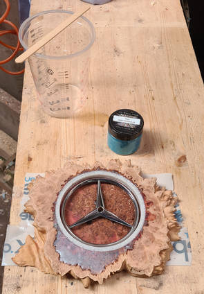 Mercedes Inspired Wood and Resin Clock - Emblem Inlay
