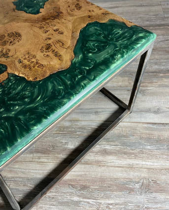One Life Wood Wood and Green Resin Table Side View