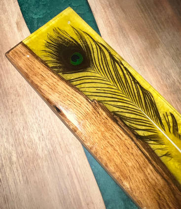 Metallic Yellow Resin, Wood & feather Serving Board by One Life Wood