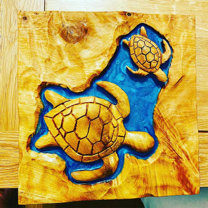 TIKKIT Designs Hand Carved Turtle Table with Blue Resin Pour