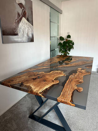 Smoky Grey Resin Rivers Dining Table Side View by CreativEpoxyUK