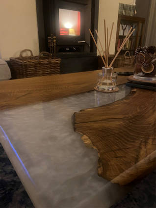 Wood and Metallic Pearl Resin Table Close Up by Studio Punchard