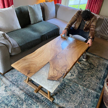 Wood and Metallic Pearl White Resin Coffee Table by Studio Punchard
