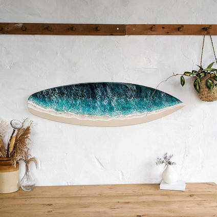Resin Ocean Surfboard Artwork on Wall by Tides of Teal