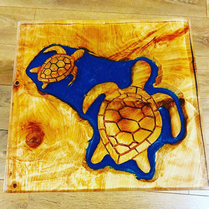 TIKKIT Designs Hand Carved Turtle Table with Clear Resin Pour