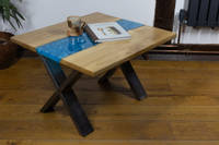 Ocean Oak and Blue Resin Table angled view by Black Oak Wood Co. Thumbnail