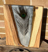 Metallic Pearl Resin, feather and Wood Serving Board by One Life Wood Thumbnail