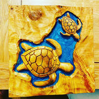 TIKKIT Designs Hand Carved Turtle Table with Blue Resin Pour Thumbnail