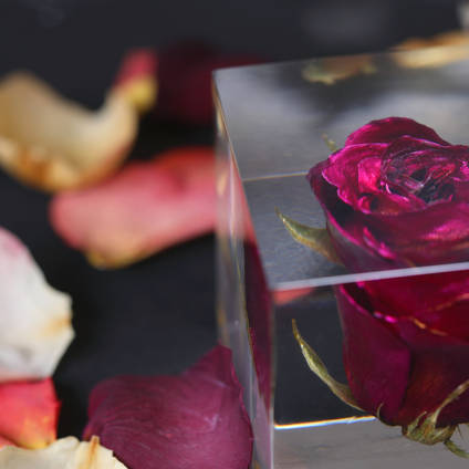 Red Rose Resin Cube Paperweight