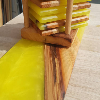 Yellow Resin and Wood Coaster Set by David Alexander